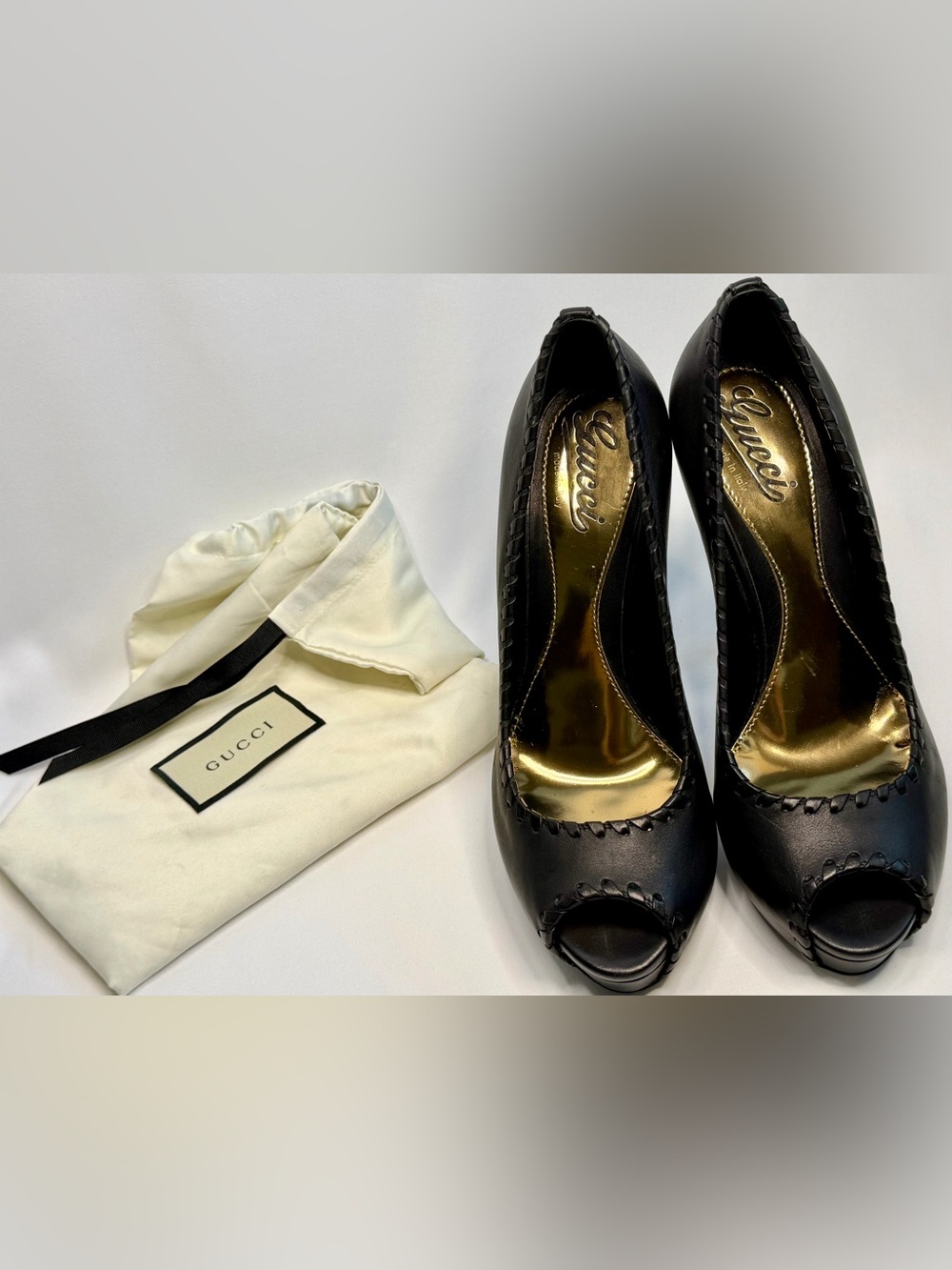 Gucci Vintage Black Leather Peep Toe Platform Stiletto Pump Heels Gold Insole 38